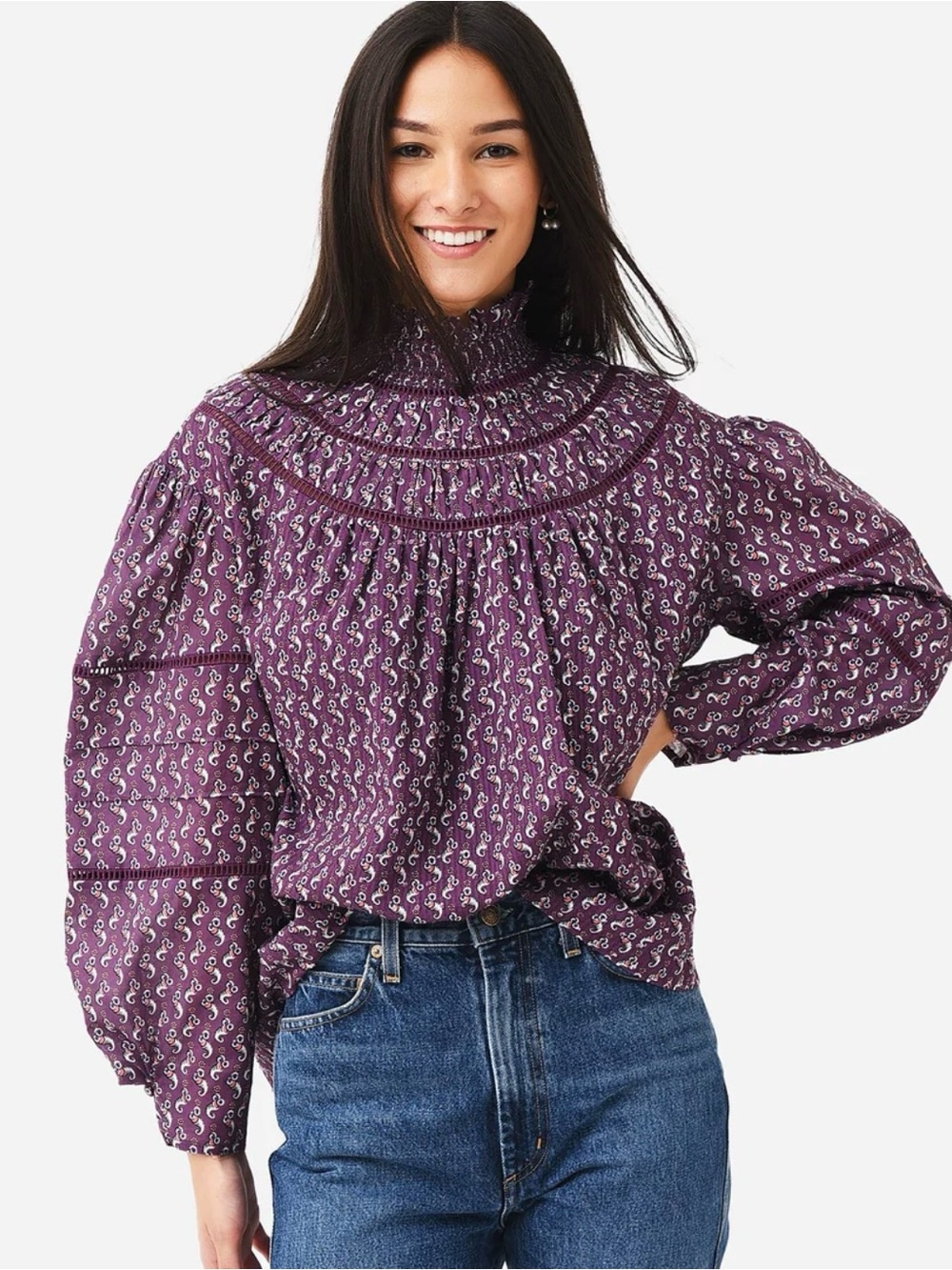 Purple Smocked High-Neck Blouse - Women